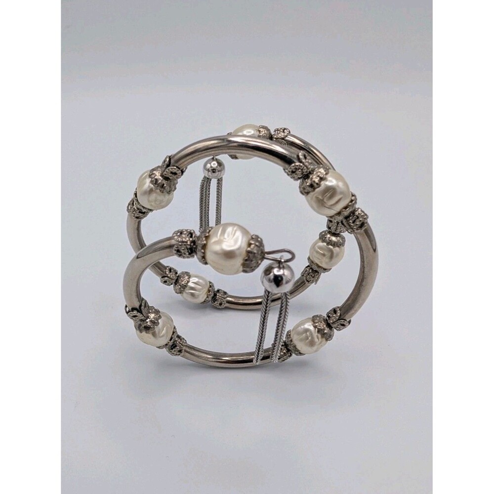 Vintage 1950s Silver Tone Faux Baroque Pearl Wrap Bangle Chain Tassel Bracelet image 3